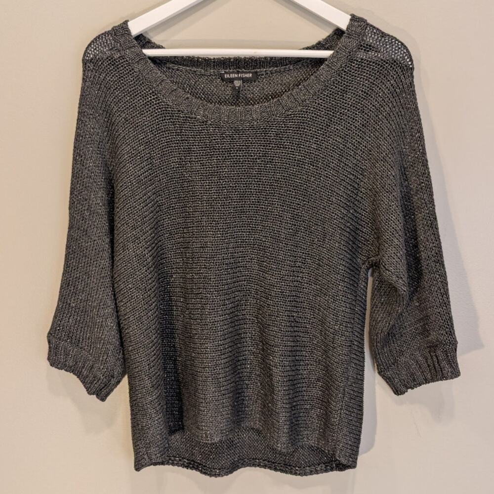 Eileen Fisher Gray Sweater Scoop Neck 92% Viscose/8% Spandex 3/4 Sleeve -Size S